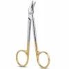 Angled suture wire cutting scissors, 4.75 inch, tungsten carbide, serrated jaws