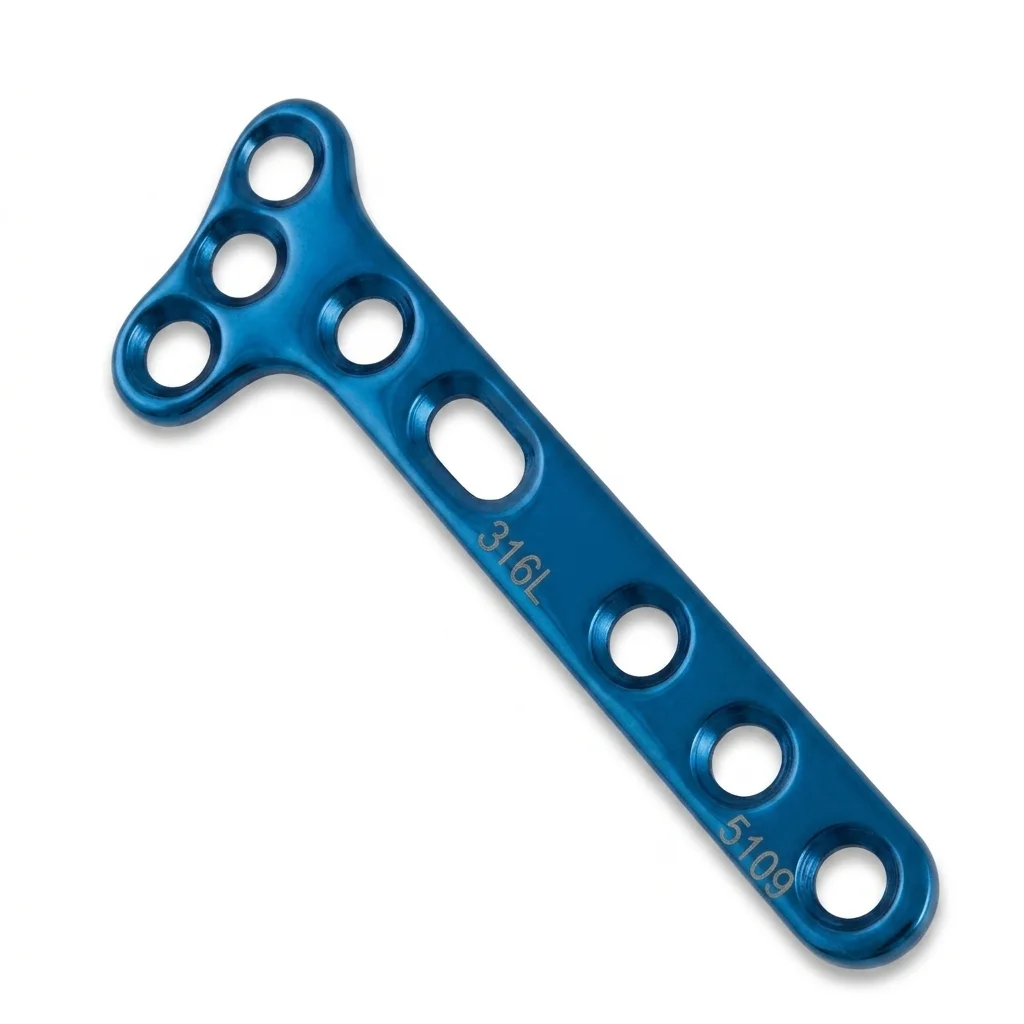 Small T Oblique Plate in blue titanium finish with angled T-shaped head