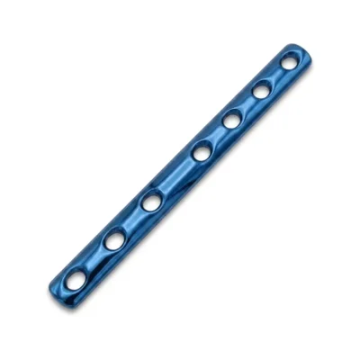 Semi tubular plate in gold finish with offset screw holes for bone fixation