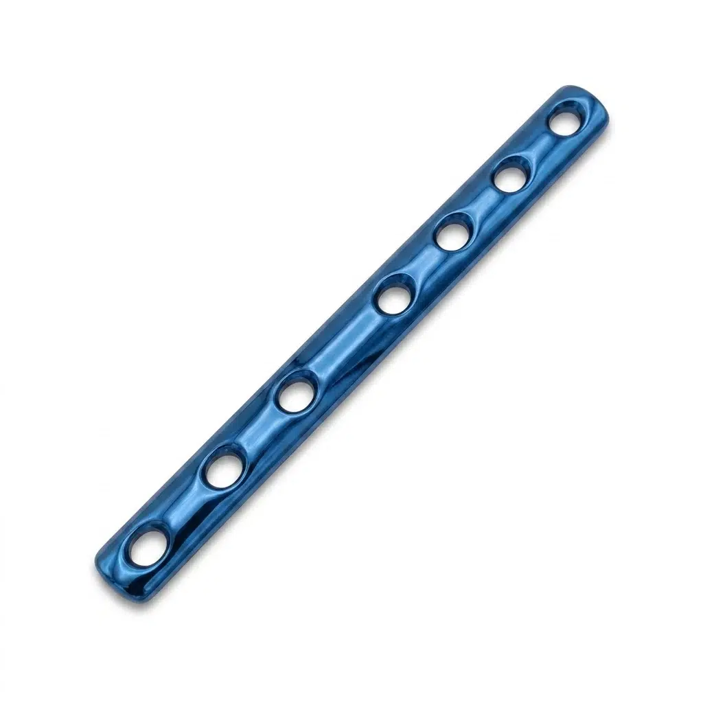 Semi tubular plate in gold finish with offset screw holes for bone fixation