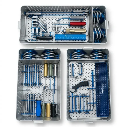 Full ACL ToolBox surgical instrument set — three perforated stainless steel instrument cases containing the complete ACL reconstruction instrument set by Sami's Instruments