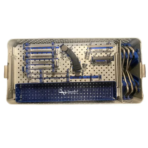 First instrument case of the ACL ToolBox containing screwdriver shafts, interference screw drivers, cannulated drills, transportal femoral guides, and ACL marking hooks organized on blue holders