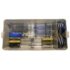 Third instrument case of the ACL ToolBox containing drill sleeves for reconstruction drill guide, obturator, 2.4 mm insert, offset drill guide pin, probe, guide handle, 3.5 mm offset drill guide, and 2.4 mm parallel drill guide, with a blue pin mat