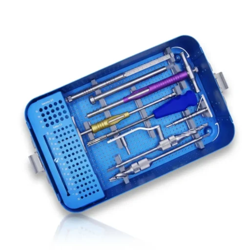 First aluminium box of the DHS & DCS Instrument Set with orthopedic instruments arranged inside