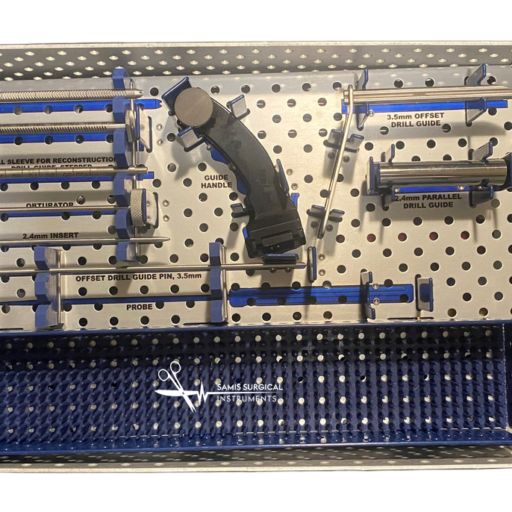 Close-up view of ACL reconstruction guides and surgical tools