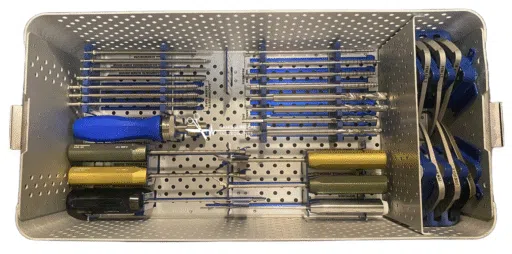 ACL reconstruction instrument set displayed in an organized layout