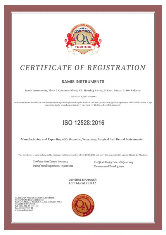 ISO 13485 Certificate of Sami’s Instruments – Certified Manufacturer of Surgical Instruments