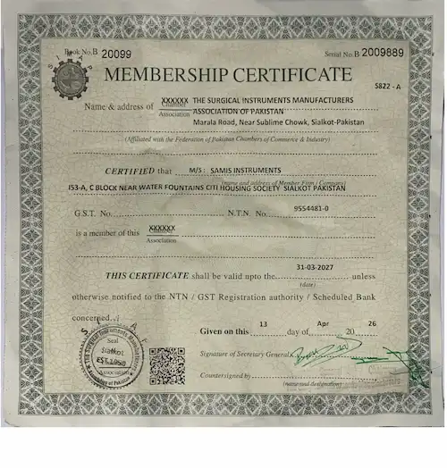 Surgical Instruments Manufacturers Association of Pakistan Membership Certificate — Samis Instruments, Sialkot