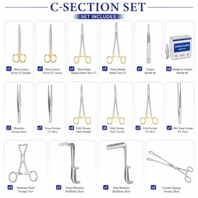C section instrument set up with stainless steel surgical tools arranged for cesarean procedure