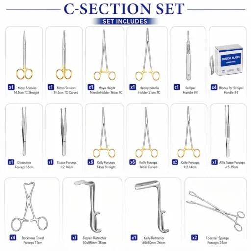 C section instrument set up with stainless steel surgical tools arranged for cesarean procedure