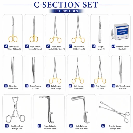 C section instrument set up with stainless steel surgical tools arranged for cesarean procedure