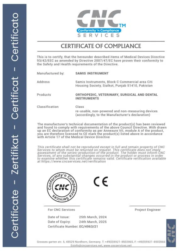 CNC Manufacturing Certificate Image of Sami’s Instruments – Certified Precision Surgical Instruments Production