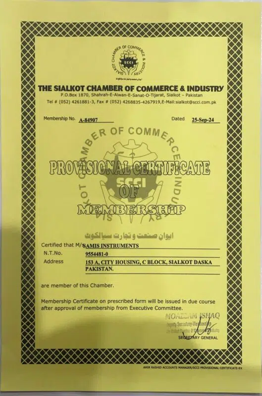 Chamber of Commerce Registration Certificate Image of Sami’s Instruments – Verified Surgical Instruments Manufacturer