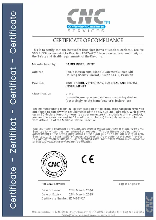 CNC Manufacturing Certificate Image of Sami’s Instruments – Certified Precision Surgical Instruments Production