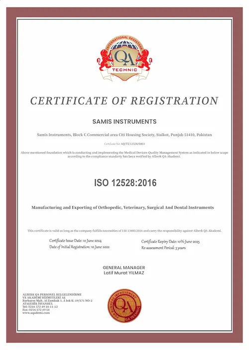 ISO 13485 Certificate of Sami’s Instruments – Certified Surgical Instruments Manufacturer