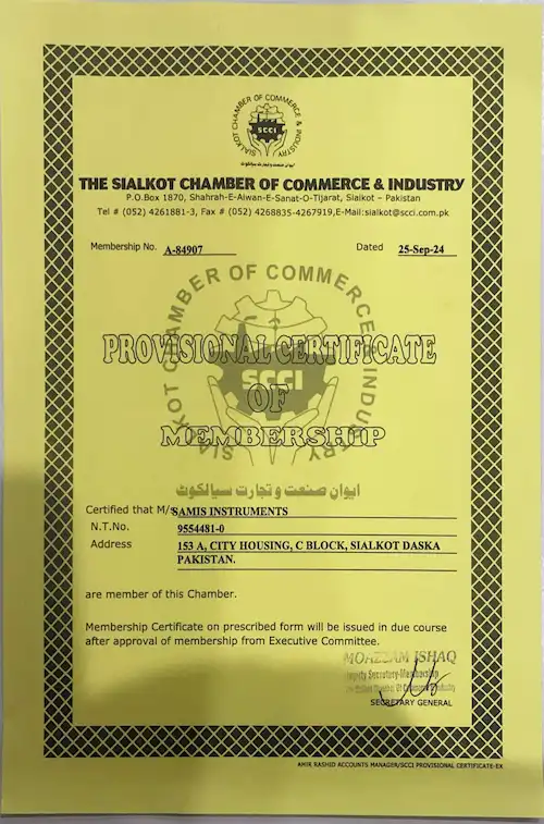 Chamber of Commerce Certificate of Sami’s Instruments – Registered Surgical Instruments Manufacturer