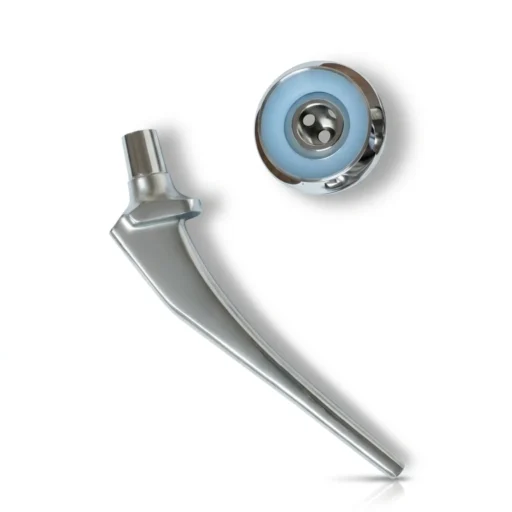 Bipolar hip prosthesis femoral stem with separate bipolar cup showing inner polyethylene liner