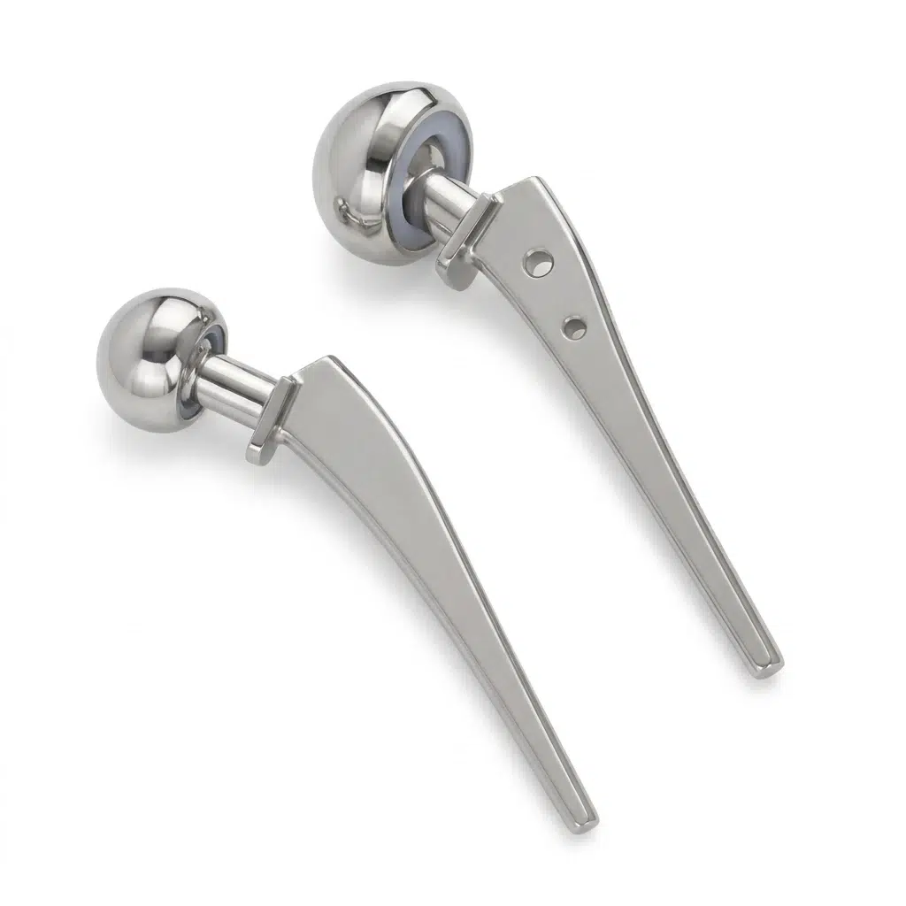 Bipolar Hip Prosthesis showing fenestrated and non-fenestrated stem variants side by side